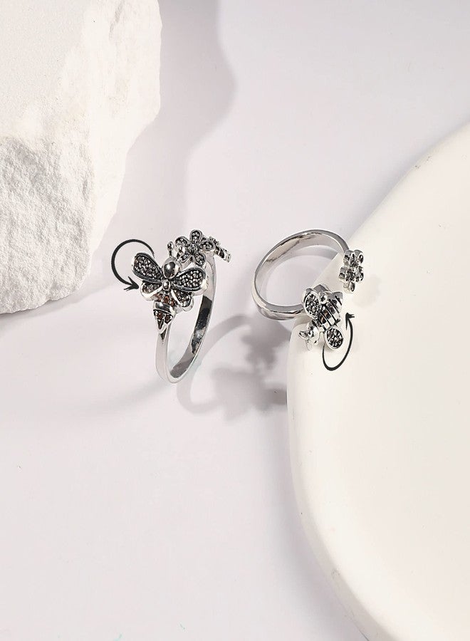 OIDIMS خواتم دوارة من OIDIMS بتصميم نحلة وزهرة ديزي، قابلة للتعديل، مفتوحة، لتخفيف القلق، للنساء والفتيات، مرصعة بالزركون، تخفف التوتر، مجوهرات حيوانية جميلة مهدئة، هدايا للابنة أو الصديقة المقربة في عيد الميلاد (زهرتان ديزي) - Image 2